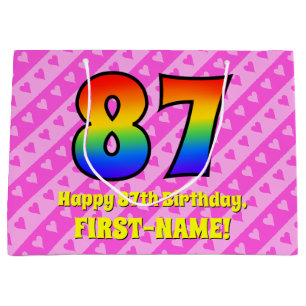 87e verjaardag: Roze strips & harten, regenboognr. Groot Cadeauzakje