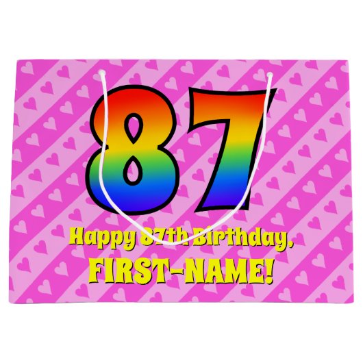 87e verjaardag: Roze strips & harten, regenboognr. Groot Cadeauzakje (Voorkant)