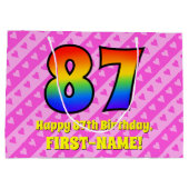 87e verjaardag: Roze strips & harten, regenboognr. Groot Cadeauzakje (Achterkant)