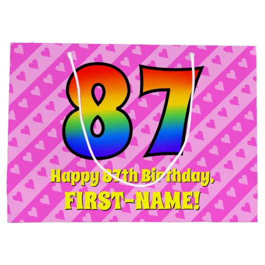 87e verjaardag: Roze strips & harten, regenboognr. Groot Cadeauzakje (Achterkant)