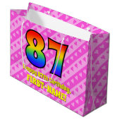 87e verjaardag: Roze strips & harten, regenboognr. Groot Cadeauzakje (Voorkant Gekanteld)
