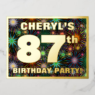 87e verjaardag: Vette, kleurrijke Fireworks-look Folie Uitnodiging Briefkaart