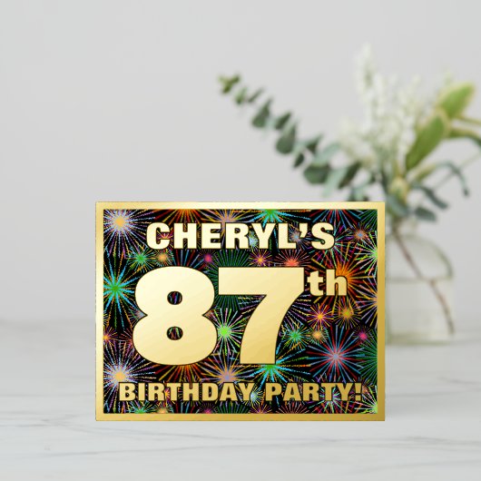 87e verjaardag: Vette, kleurrijke Fireworks-look Folie Uitnodiging Briefkaart (Staand Voorkant)