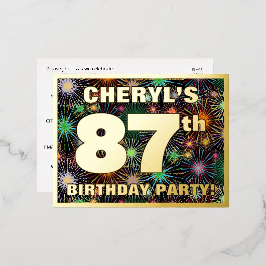 87e verjaardag: Vette, kleurrijke Fireworks-look Folie Uitnodiging Briefkaart (Voorkant / Achterkant)