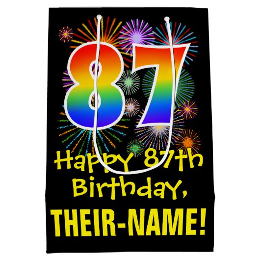 87e verjaardag: Vuurwerk Fun Pattern + Regenboog 8 Medium Cadeauzakje (Achterkant)