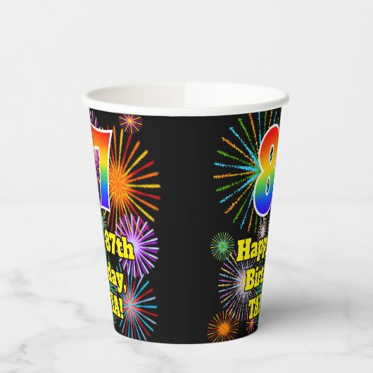 87e verjaardag: Vuurwerk Fun Pattern + Regenboog 8 Papieren Bekers (Links)