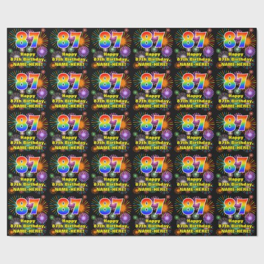 87e verjaardag: vuurwerk, regenboogblik # "87" cadeaupapier (Zoom)