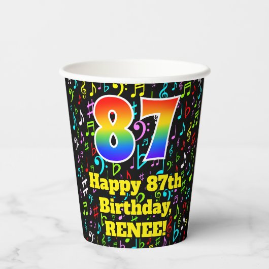 87ste Verjaardag: Plezier Muzieknoten, Regenboog 8 Papieren Bekers (Achterkant)