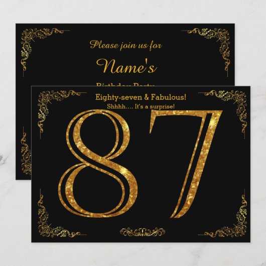 87th Birthday party, Gatsby styl, zwarte goudglitt Kaart (Voorkant / Achterkant)
