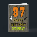 87th Birthday: Spooky Halloween Theme, Custom Name Kaart<br><div class="desc">The front of this spooky and scary Hallowe'en birthday themed greeting card design features a large number "87", along with the message "HAPPY BIRTHDAY, ", and a personalized name. There are also depictions of a ghost and a bat on the front. The inside features a custom birthday greeting message, or...</div>
