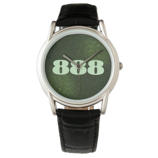 888 Green Glitter Number Abundance Manifestatie Horloge (Voorkant)