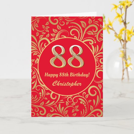 88e Birthday Red en Gold Floral Pattern Kaart (Gele Bloem)