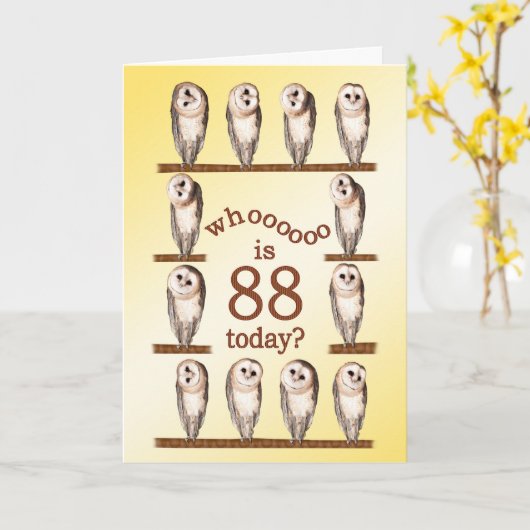 88e verjaardag, Curious uilen kaart. Kaart (Gele Bloem)