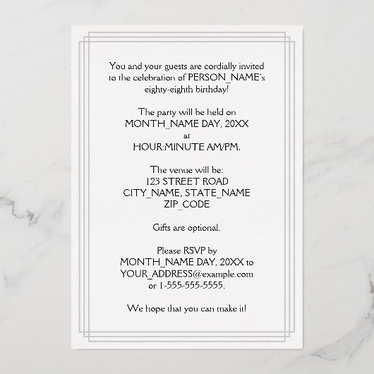 88e verjaardag — Fancy script en aangepaste naam Folie Uitnodiging (Achterkant)