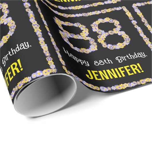88e verjaardag: Floral Flowers Number, Custom Name Cadeaupapier (Rol Hoek)