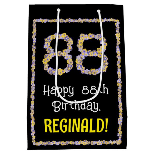 88e verjaardag: Floral Flowers Number, Custom Name Medium Cadeauzakje (Achterkant)