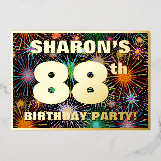 88e verjaardag — Fun, kleurrijke Fireworks-look Folie Uitnodiging (Voorkant)