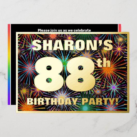 88e verjaardag — Fun, kleurrijke Fireworks-look Folie Uitnodiging (Voorkant / Achterkant)