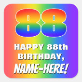 88e verjaardag: kleurrijk, vun regenboogpatroon #  vierkante sticker (Voorkant)