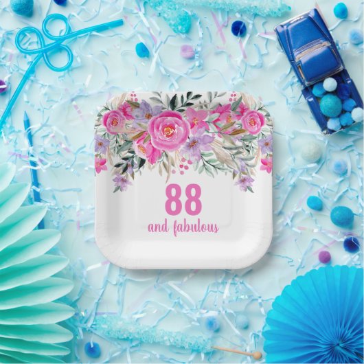 88e verjaardag roze bloemen papieren bordje (Feest)
