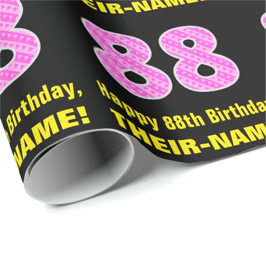 88e verjaardag: Roze strips en hart "88" + naam Cadeaupapier (Rol Hoek)