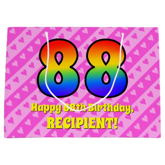 88e verjaardag: Roze strips & harten, regenboognr. Groot Cadeauzakje (Voorkant)