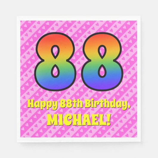 88e verjaardag: Roze strips & harten, regenboognr. Servet (Voorkant)
