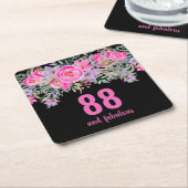88e verjaardag roze zwarte bloemen kartonnen onderzetters (Schuin)