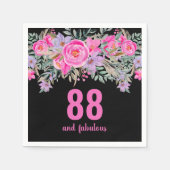 88e verjaardag roze zwarte bloemenfeest servetten (Voorkant)