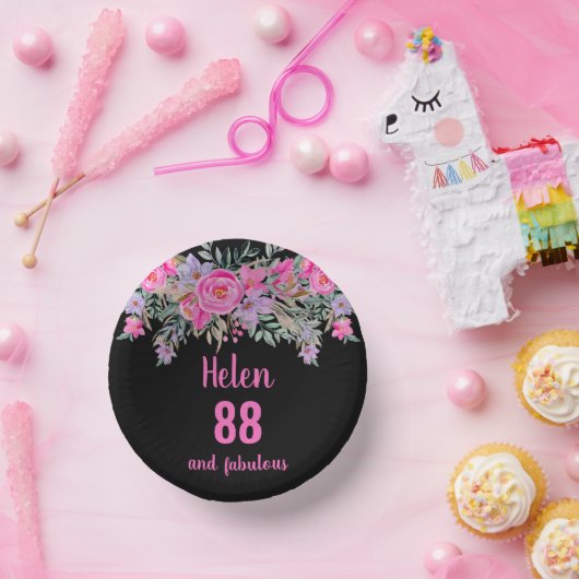 88e verjaardag roze zwarte waterverf bloemen papieren kommen (Feest)