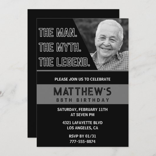 88e verjaardag uitnodiging Black The Man The Legen (Voorkant / Achterkant)
