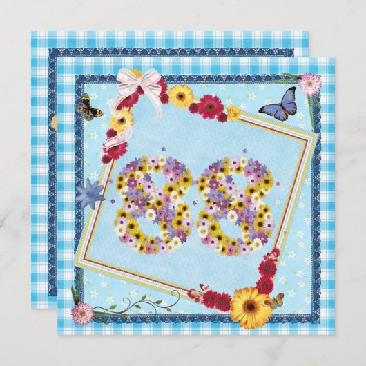 88e Verjaardag Uitnodiging bloemen, vlinders (Voorkant / Achterkant)