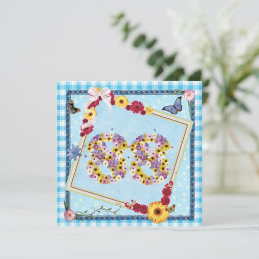 88e Verjaardag Uitnodiging bloemen, vlinders (Staand voorkant)