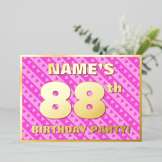 88e verjaardag van de opstand - vuurroze harten en folie uitnodiging (Staand Voorkant)