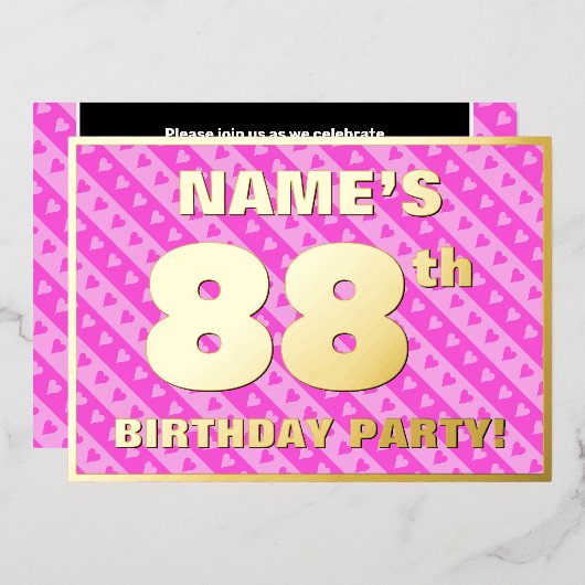 88e verjaardag van de opstand - vuurroze harten en folie uitnodiging (Voorkant / Achterkant)