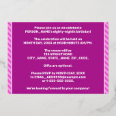 88e verjaardag - Vet, vuurtje, roze band # 88 Folie Uitnodiging (Achterkant)