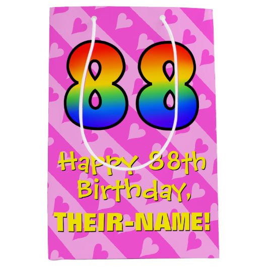 88e verjaardag: vuurroze kunststaven; regenboog 88 medium cadeauzakje (Voorkant)