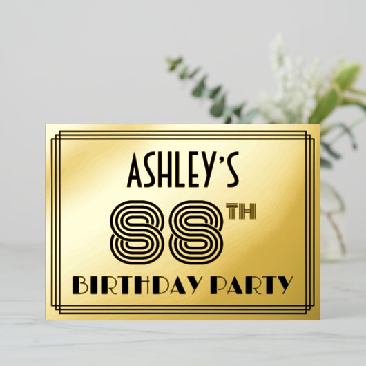 88ste verjaardag — Art Deco Style "88" en naam Folie Uitnodiging (Staand Voorkant)