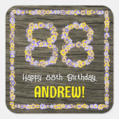 88ste verjaardag: Bloemennummer, Faux Wood Look, N Vierkante Sticker (Voorkant)