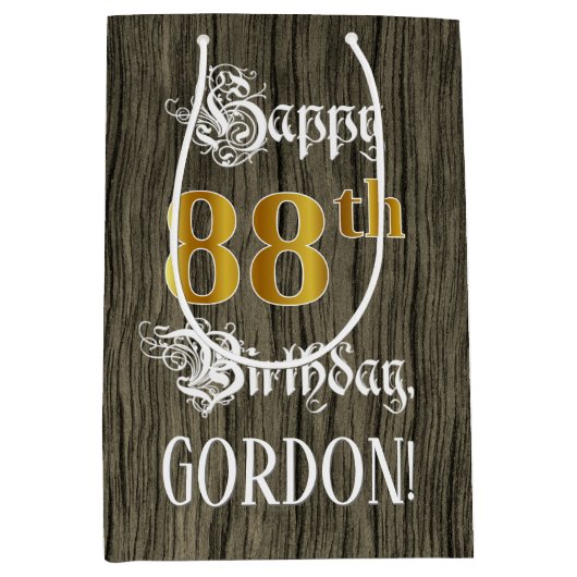 88ste verjaardag: Faux Gold look & Faux Wood Patte Medium Cadeauzakje (Voorkant)