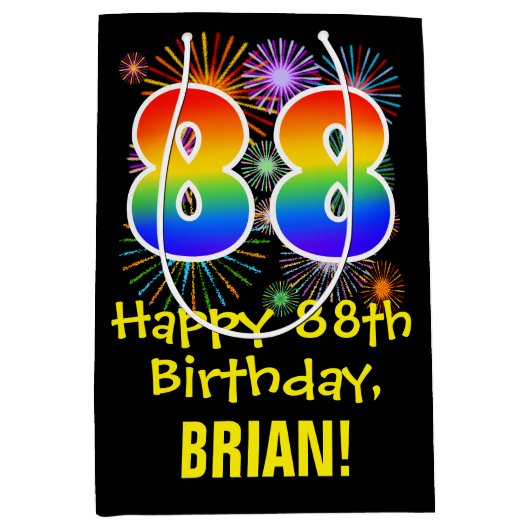 88ste verjaardag: vuurwerk patroon + regenboog 88 medium cadeauzakje (Voorkant)