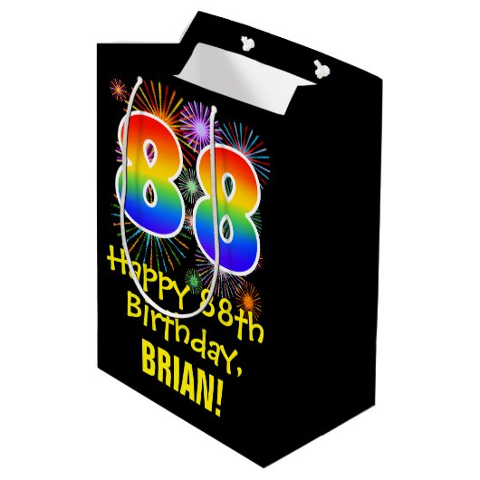 88ste verjaardag: vuurwerk patroon + regenboog 88 medium cadeauzakje (Achterkant Gekanteld)