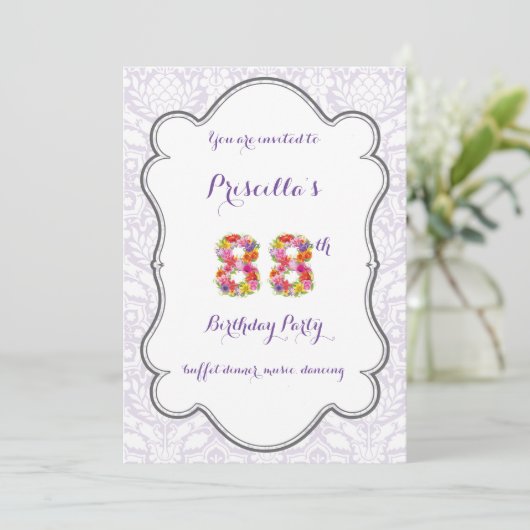 88th, Birthday Invitation Fantasy, Number Floral Kaart (Staand voorkant)