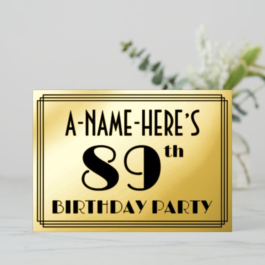 89e verjaardag — Art Deco look "89" + Naam Folie Uitnodiging (Staand Voorkant)