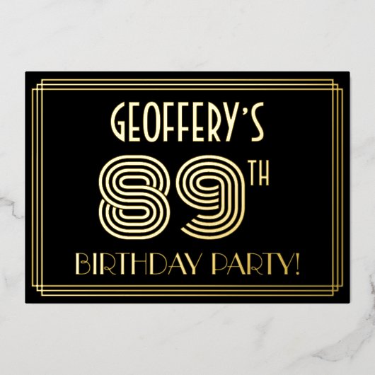 89e verjaardag — Art Deco Style "89" + Naam Folie Uitnodiging (Voorkant)