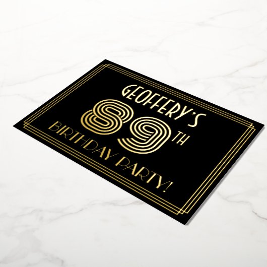 89e verjaardag — Art Deco Style "89" + Naam Folie Uitnodiging (Gedraaid)