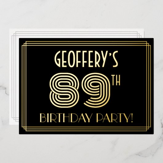 89e verjaardag — Art Deco Style "89" + Naam Folie Uitnodiging (Voorkant / Achterkant)