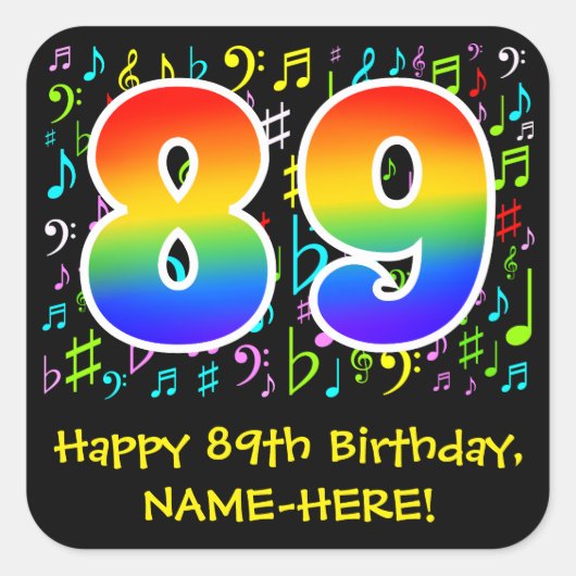 89e verjaardag: Colorful Music Symbols, Rainbow 89 Vierkante Sticker (Voorkant)