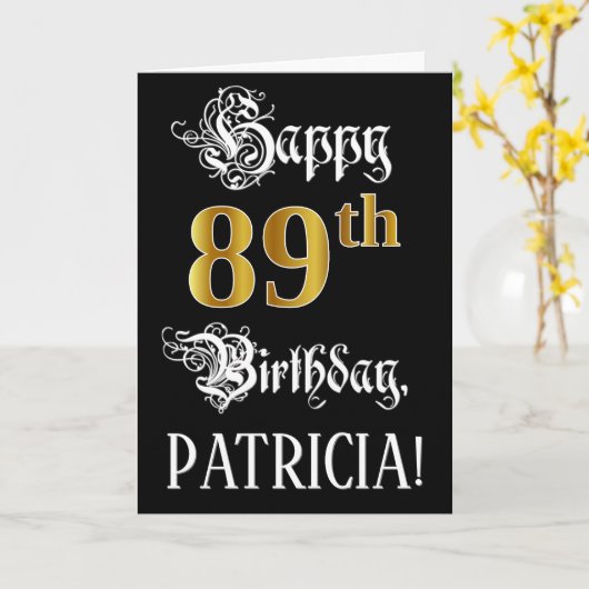89e verjaardag — Fancy script; Faux Gold Kijk; naa Kaart (Gele Bloem)