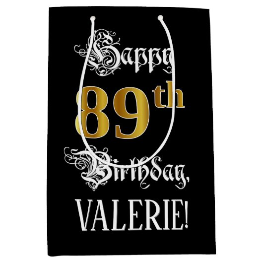 89e verjaardag ~ Fancy script; Faux Gold look; naa Medium Cadeauzakje (Voorkant)